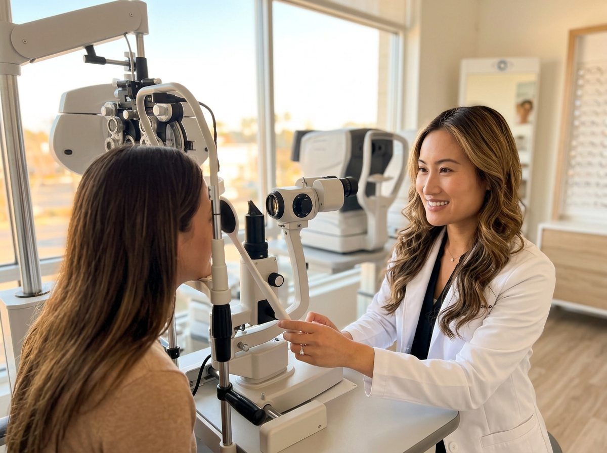 Dr. Alegado performing a comprehensive eye exam with a slit lamp in our bright, modern clinic