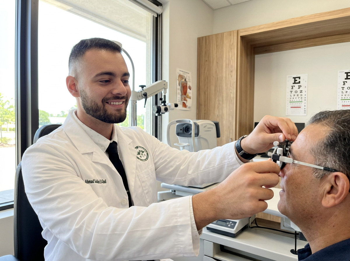 Dr. El-Ghali performing a comprehensive eye exam with a phoropter in our bright Oxnard clinic