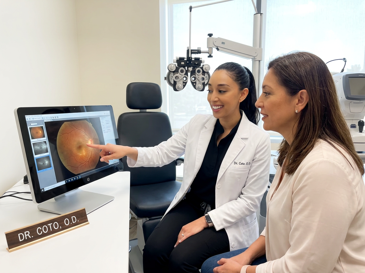 Dr. Coto reviewing a retinal scan with a patient using modern diagnostic equipment