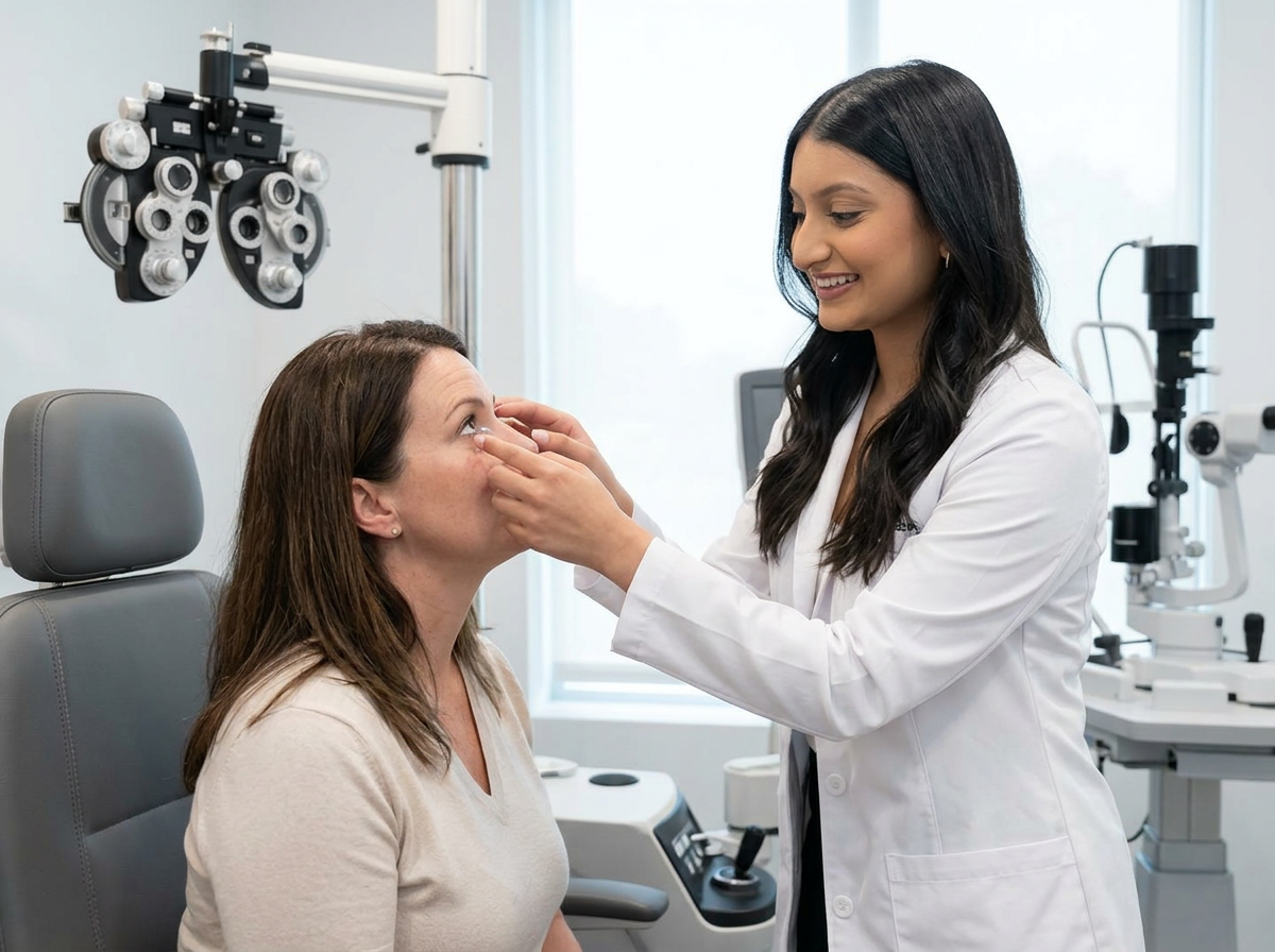 Dr. Jewan fitting a patient with contact lenses in a modern exam room